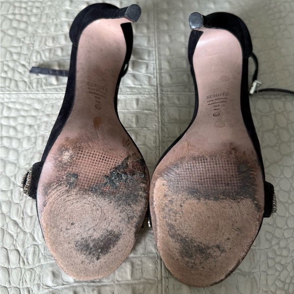 Schutz Black Velvet Rhinestone‎ Buckle Heels Size 9B Elegant Ankle Strap Sandals - Picture 6 of 11